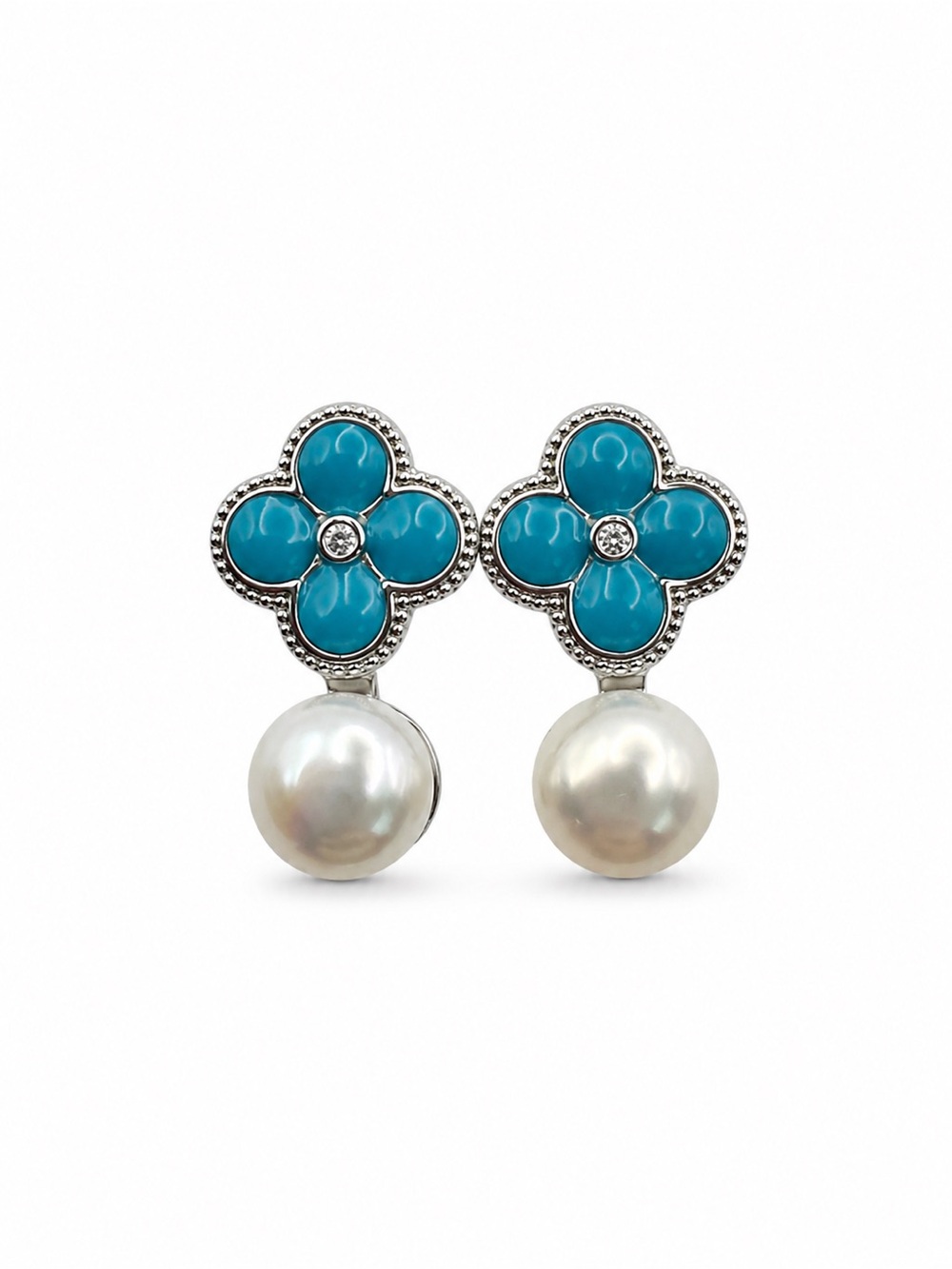 Authentic Turquoise And Fresh Water Pearl Drop Earrings In Solid Sterling Silver
